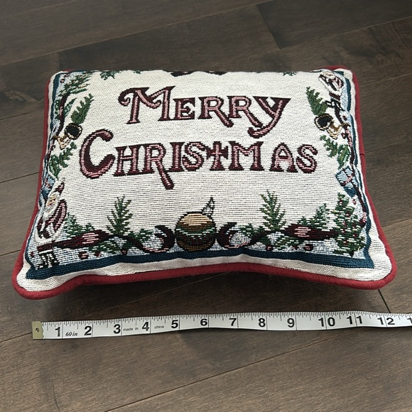 Vintage Burgundy Merry Christmas Pillow, Holiday Cushion, Embroidered Sofa Decor - Picture 6 of 7